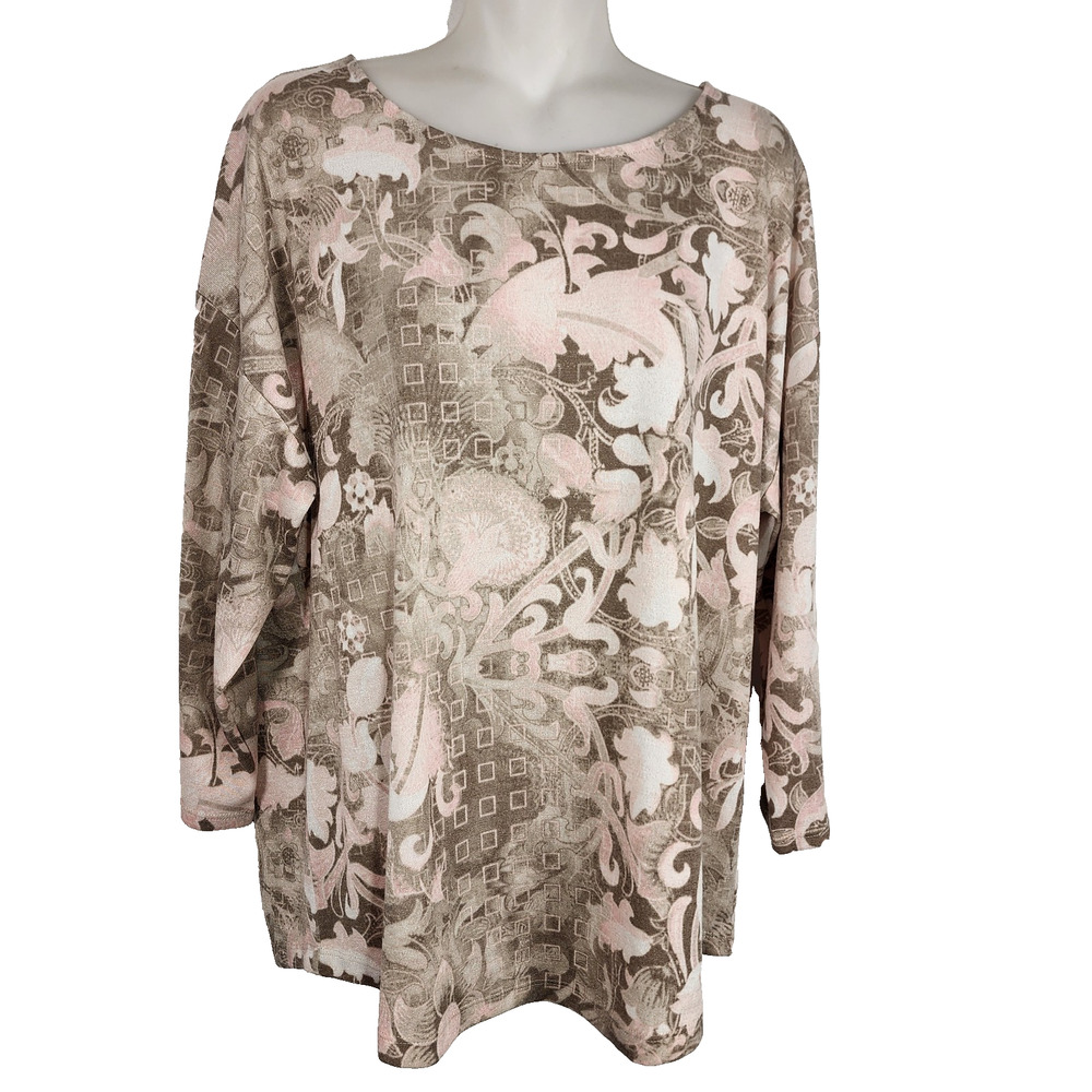 Chico's Women Top Size 2 Large Floral Paisley Geometric 3/4 Sleeve Pink Tan Knit